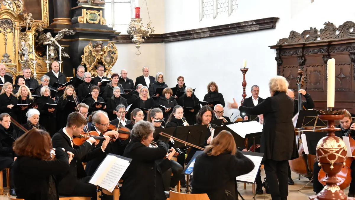 Eine beeindruckende kirchenmusikalische Stunde boten der Kammerchor Calypso, Solisten und Instrumentalisten den etwa 400 Hörern in der Höchstädter Stadtpfarrkirche.   Foto: Erfried Rösner